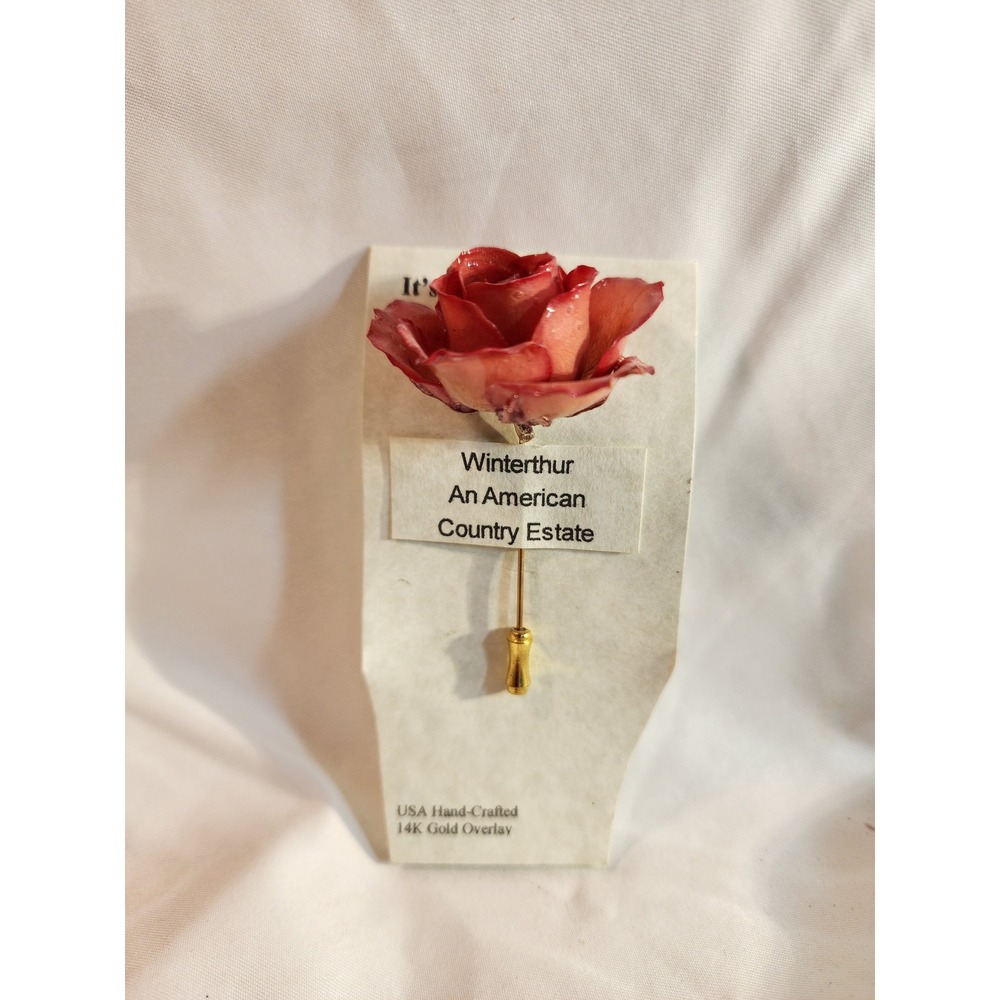 Winterthur Real Rose Stick Pin 14K Gold Overlay Hand Painted Preserved Flower - Picture 1 of 8